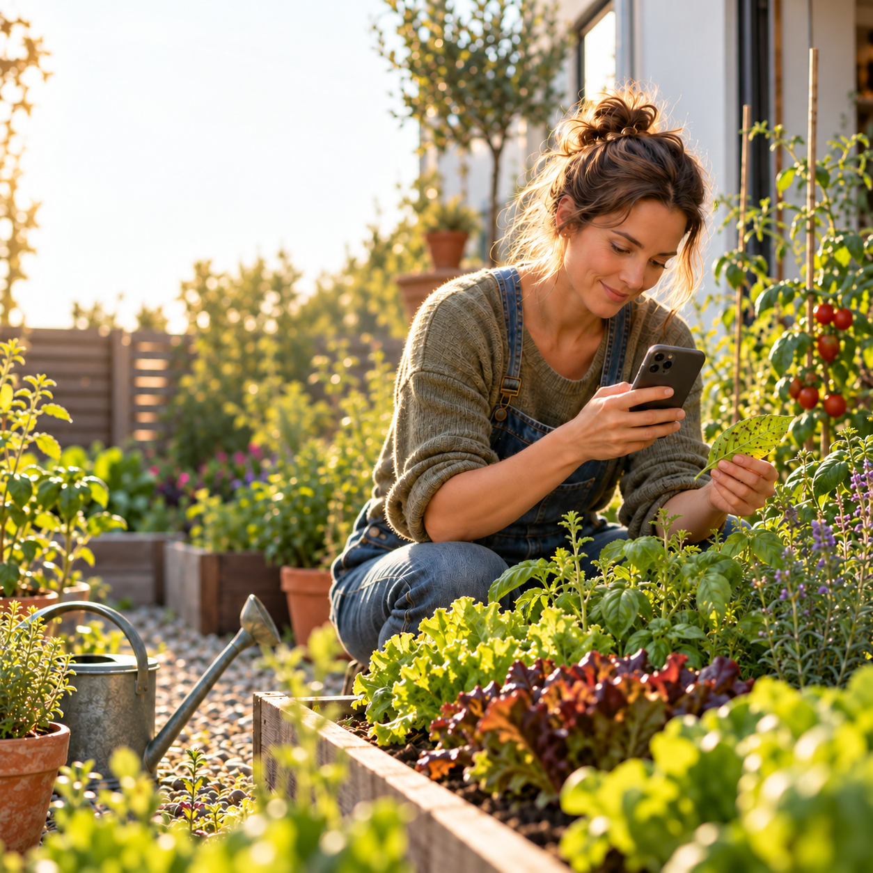 Concept image of a home grower checking plants in her garden