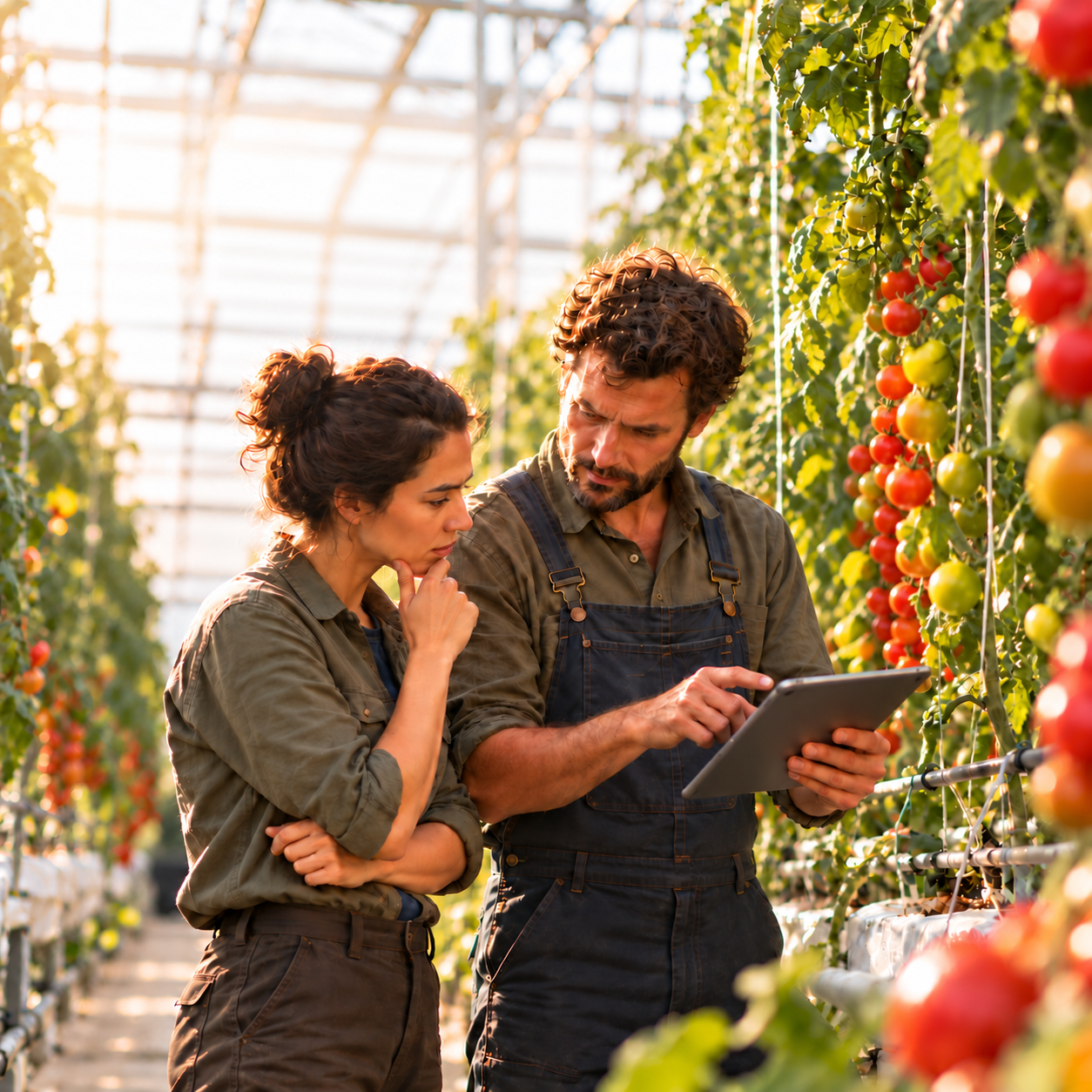 Concept image of a professional grower inspecting crops